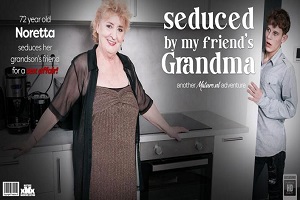 Noretta – Curvy 72 year old granny Noretta seduces her grandson’s best friend to fuck her hard on the couch