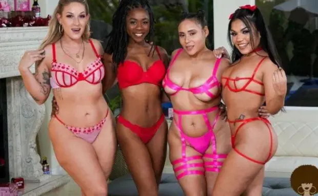 Carmela Clutch, Summer Col, Charley Hart, Hazel Grace – Galentines Day Orgy Party OnlyFans Scene